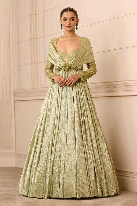 Shop_Tarun Tahiliani_Green Crepe, Lace Crystals Sweetheart Neck Metallic Cape Style Gown_Online_at_Aza_Fashions