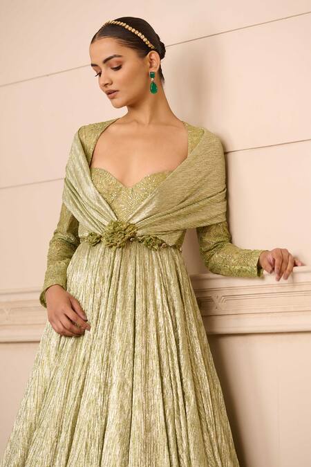 Buy_Tarun Tahiliani_Green Crepe, Lace Crystals Sweetheart Neck Metallic Cape Style Gown