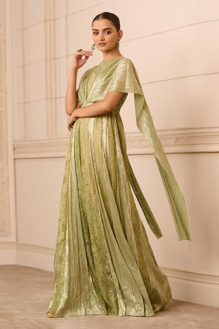 Tarun Tahiliani_Green Lace, Tulle Crystals Round Neck French Wide Leg Jumpsuit_Online_at_Aza_Fashions