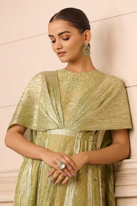 Buy_Tarun Tahiliani_Green Lace, Tulle Crystals Round Neck French Wide Leg Jumpsuit_Online_at_Aza_Fashions