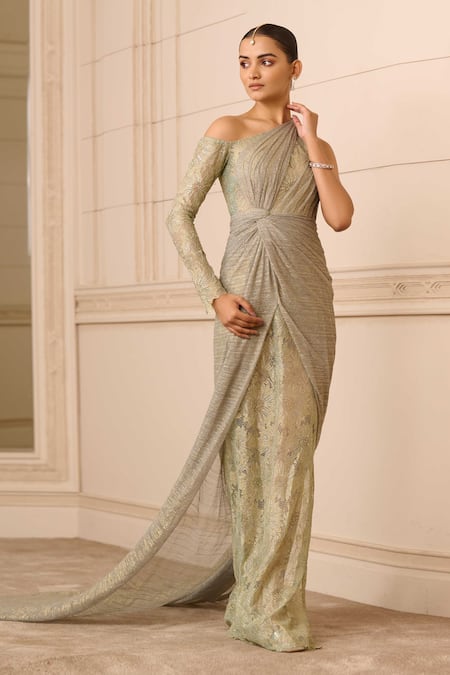 Buy_Tarun Tahiliani_Blue Tulle Crystals Asymmetric French Lace Draped Gown _Online_at_Aza_Fashions