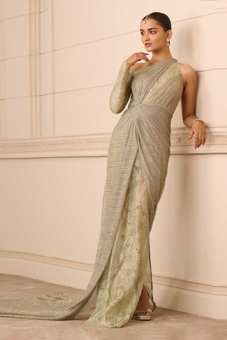 Shop_Tarun Tahiliani_Blue Tulle Crystals Asymmetric French Lace Draped Gown _Online_at_Aza_Fashions