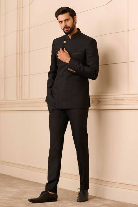 Tarun Tahiliani_Black Cotton Satin, Suede Overlapped Textured Bandhgala And Jodhpuri Trouser Set_Online_at_Aza_Fashions
