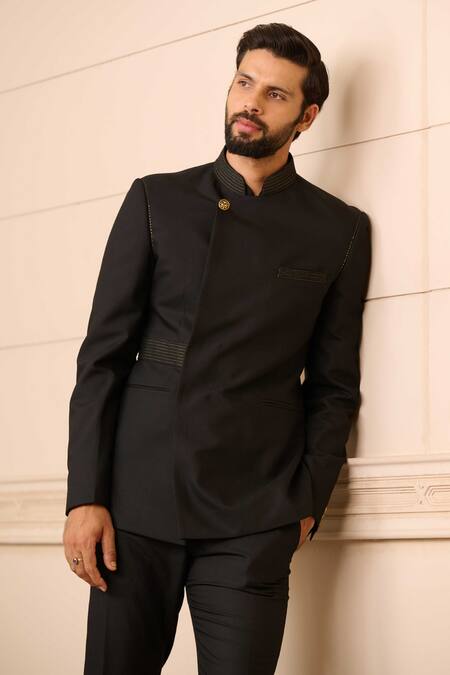 Buy_Tarun Tahiliani_Black Cotton Satin, Suede Overlapped Textured Bandhgala And Jodhpuri Trouser Set_Online_at_Aza_Fashions