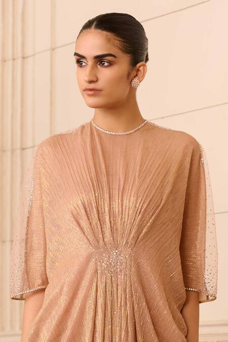 Tarun Tahiliani_Gold Crepe, Lace, Lycra Crystals Round Neck Metallic Neckline Embellished Gown_Online_at_Aza_Fashions