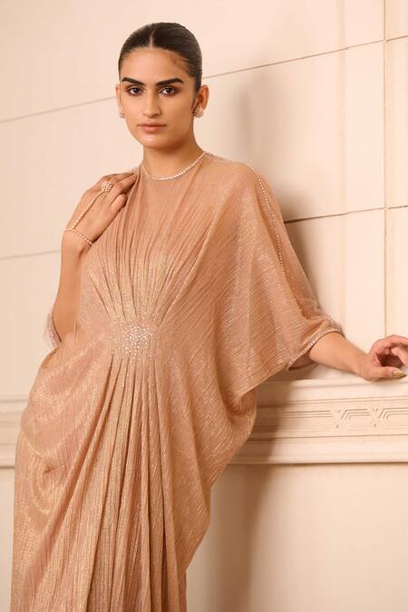 Buy_Tarun Tahiliani_Gold Crepe, Lace, Lycra Crystals Round Neck Metallic Neckline Embellished Gown_Online_at_Aza_Fashions