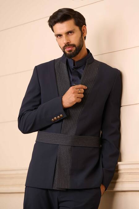 Buy Tarun Tahiliani Blue Cotton Satin, Jersey Beads Textured Bandhgala And Jodhpuri Trouser Set Online at Aza Fashions Buy_Tarun Tahiliani_Blue Cotton Satin, Jersey Beads Textured Bandhgala And Jodhpuri Trouser Set_Online_at_Aza_Fashions