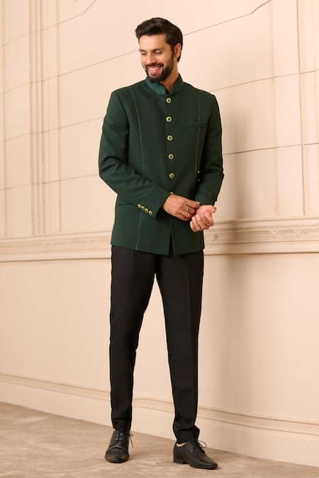 Tarun Tahiliani_Emerald Green Cotton Satin Fluted Collared Bandhgala Trouser Set _Online_at_Aza_Fashions