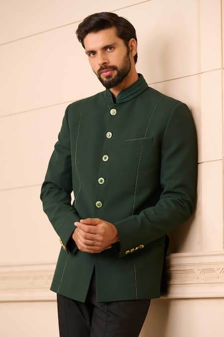 Buy_Tarun Tahiliani_Emerald Green Cotton Satin Fluted Collared Bandhgala Trouser Set _Online_at_Aza_Fashions