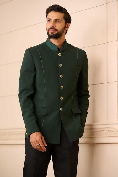Shop_Tarun Tahiliani_Emerald Green Cotton Satin Fluted Collared Bandhgala Trouser Set _Online_at_Aza_Fashions