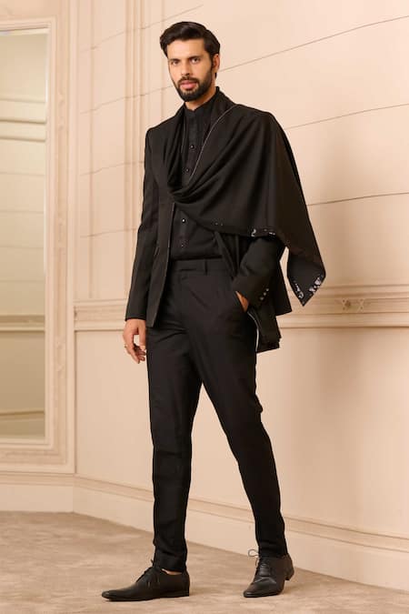 Tarun Tahiliani_Black Cotton Satin, Taffeta Pre-attached Draped Scarf Bandhgala Set_Online_at_Aza_Fashions