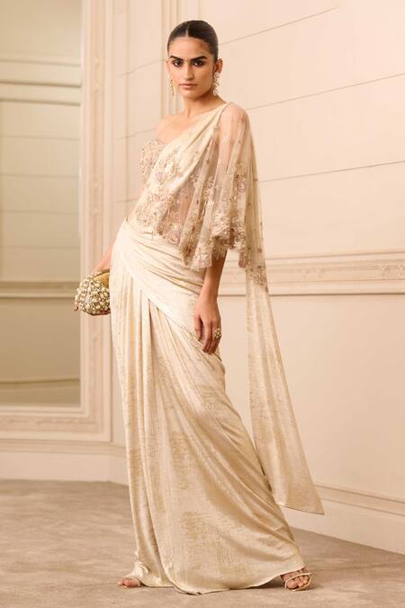 Tarun Tahiliani_Beige Tulle, Jersey Embroidery Sweetheart Neck Floral Concept Saree With Corset_Online_at_Aza_Fashions