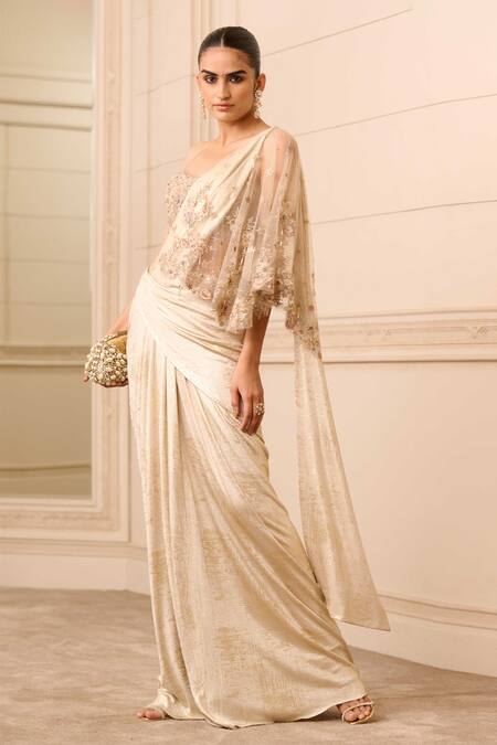 Tarun Tahiliani Beige Cotton, Tulle Embroidery, Crystals Concept Pre-draped Saree With Corset Online at Aza Fashions Tarun Tahiliani_Beige Cotton, Tulle Embroidery, Crystals Concept Pre-draped Saree With Corset_Online_at_Aza_Fashions