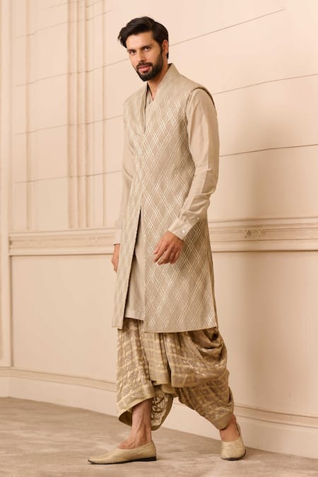 Tarun Tahiliani_Beige Silk, Brocade Embroidery Textured Sherwani And Dhoti Pant Set _Online_at_Aza_Fashions