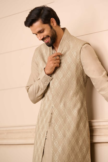 Buy_Tarun Tahiliani_Beige Silk, Brocade Embroidery Textured Sherwani And Dhoti Pant Set _Online_at_Aza_Fashions