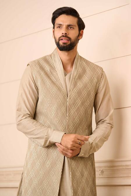 Shop_Tarun Tahiliani_Beige Silk, Brocade Embroidery Textured Sherwani And Dhoti Pant Set _Online_at_Aza_Fashions
