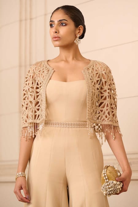 Tarun Tahiliani Beige Embroidery, Crystals Sweetheart Neck Dori Short Cape With Jumpsuit Online at Aza Fashions Tarun Tahiliani_Beige Embroidery, Crystals Sweetheart Neck Dori Short Cape With Jumpsuit_Online_at_Aza_Fashions
