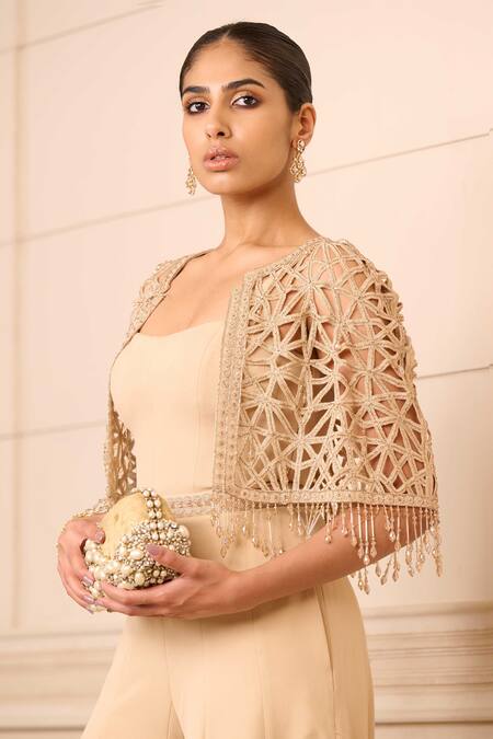 Buy Tarun Tahiliani Beige Embroidery, Crystals Sweetheart Neck Dori Short Cape With Jumpsuit Online at Aza Fashions Buy_Tarun Tahiliani_Beige Embroidery, Crystals Sweetheart Neck Dori Short Cape With Jumpsuit_Online_at_Aza_Fashions