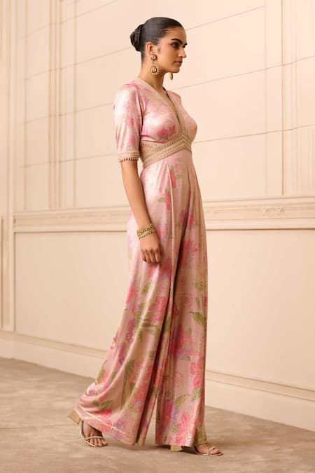 Tarun Tahiliani_Purple Polyester Embroidery V-neck Floral Print Jumpsuit_Online_at_Aza_Fashions