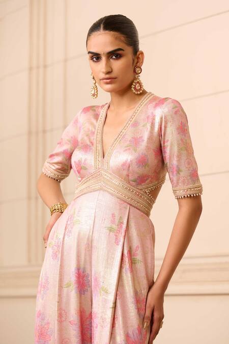 Buy_Tarun Tahiliani_Purple Polyester Embroidery V-neck Floral Print Jumpsuit_Online_at_Aza_Fashions