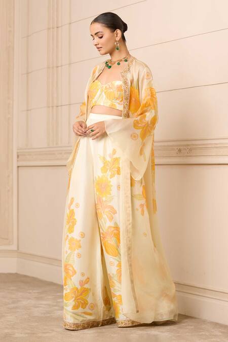 Tarun Tahiliani_Off White Georgette, Satin, Organza, Silk Sunflower Print Jacket And Palazzo Set _Online_at_Aza_Fashions