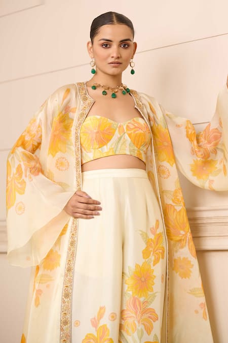 Buy_Tarun Tahiliani_Off White Georgette, Satin, Organza, Silk Sunflower Print Jacket And Palazzo Set _Online_at_Aza_Fashions