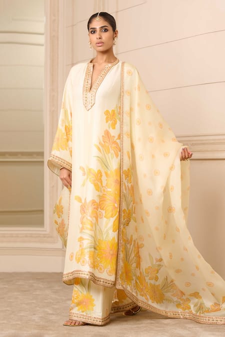 Buy_Tarun Tahiliani_Off White Silk Beads, Embroidery Split V-neck Floral Print Kurta And Palazzo Set_Online_at_Aza_Fashions