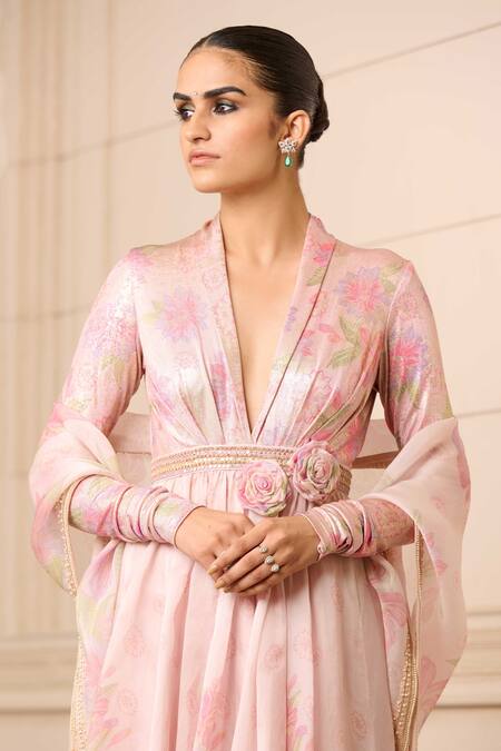 Buy_Tarun Tahiliani_Purple Satin, Organza, Jersey, Cotton Floral Hand Painted Anarkali Set_Online_at_Aza_Fashions