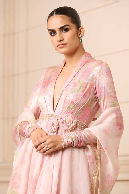 Shop_Tarun Tahiliani_Purple Satin, Organza, Jersey, Cotton Floral Hand Painted Anarkali Set_Online_at_Aza_Fashions