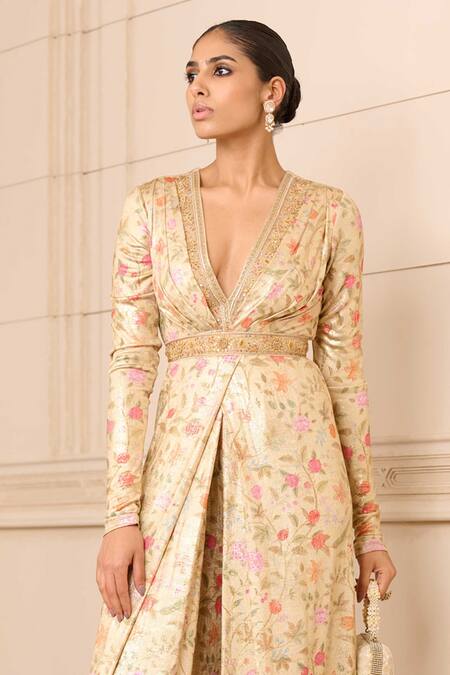 Tarun Tahiliani Gold Embroidery V-neck Garden Print Jumpsuit Online at Aza Fashions Tarun Tahiliani_Gold Embroidery V-neck Garden Print Jumpsuit_Online_at_Aza_Fashions