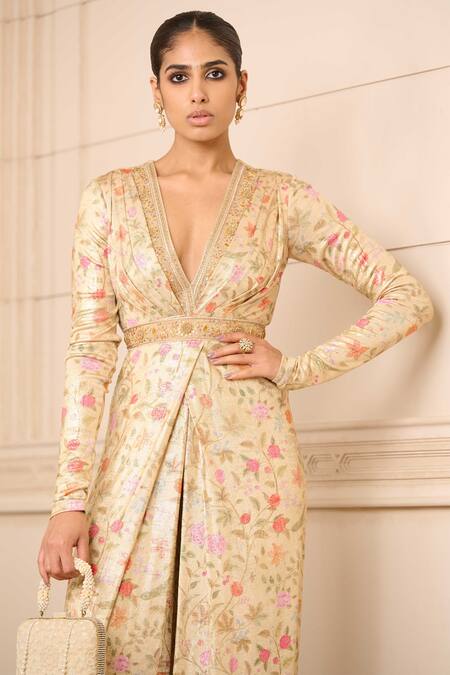 Buy Tarun Tahiliani Gold Embroidery V-neck Garden Print Jumpsuit Online at Aza Fashions Buy_Tarun Tahiliani_Gold Embroidery V-neck Garden Print Jumpsuit_Online_at_Aza_Fashions
