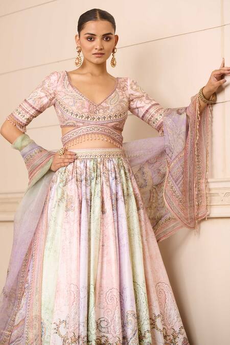 Shop_Tarun Tahiliani_Multi Color Silk, Cotton Embroidery, Tassels V-neck Paisley Print Lehenga Set_Online_at_Aza_Fashions