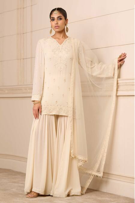 Shop_Tarun Tahiliani_Ivory Georgette Beads, Embroidery Boat Neck Chikankari Short Kurta Sharara Set_Online_at_Aza_Fashions