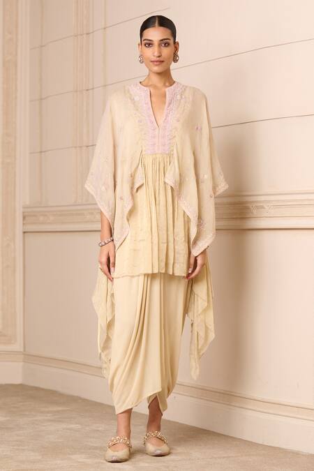 Tarun Tahiliani_Beige Georgette, Silk Embroidery Split Chikankari Kaftan Tunic And Dhoti Pant Set_Online_at_Aza_Fashions
