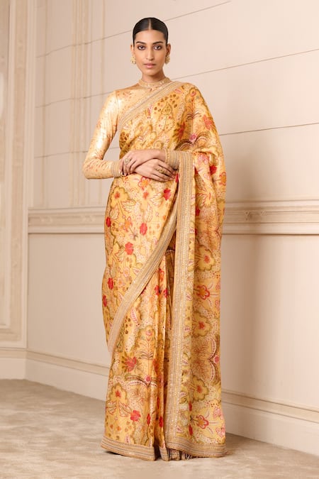 Tarun Tahiliani_Yellow Satin, Organza, Jersey Embroidery, Tassels Garden Print Saree Set _Online_at_Aza_Fashions