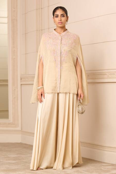 Tarun Tahiliani Beige Modal, Satin Chikankari Cape And Flared Trouser Set Online at Aza Fashions Tarun Tahiliani_Beige Modal, Satin Chikankari Cape And Flared Trouser Set_Online_at_Aza_Fashions