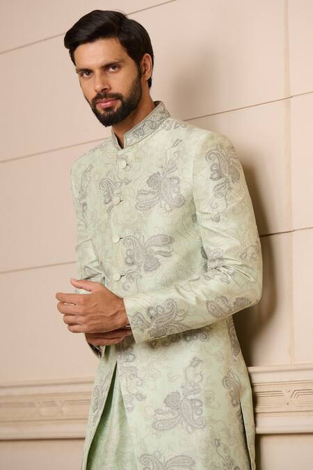 Tarun Tahiliani_Blue Silk, Poplin Hand Painted Paisley Pattern Sherwani With Kurta Set_Online_at_Aza_Fashions