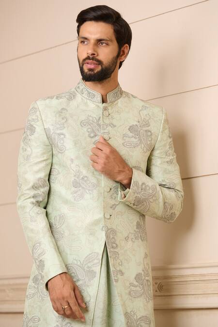 Buy_Tarun Tahiliani_Blue Silk, Poplin Hand Painted Paisley Pattern Sherwani With Kurta Set_Online_at_Aza_Fashions