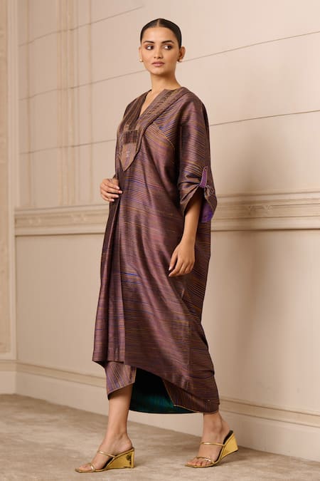 Tarun Tahiliani Blue Silk V-neck Handwoven Striped Asymmetric Tunic Online at Aza Fashions Tarun Tahiliani_Blue Silk V-neck Handwoven Striped Asymmetric Tunic_Online_at_Aza_Fashions