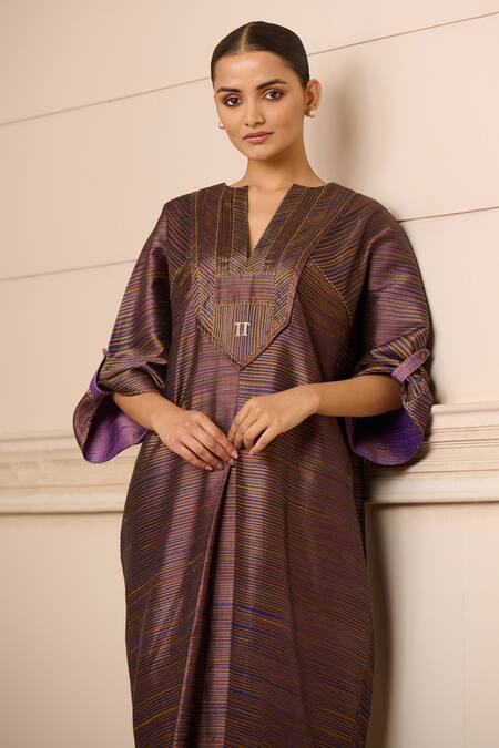 Shop Tarun Tahiliani Blue Silk V-neck Handwoven Striped Asymmetric Tunic Online at Aza Fashions Shop_Tarun Tahiliani_Blue Silk V-neck Handwoven Striped Asymmetric Tunic_Online_at_Aza_Fashions