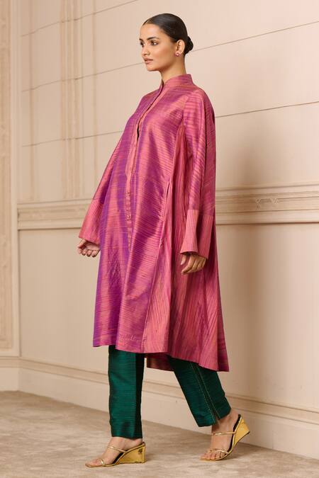Tarun Tahiliani Pink Silk Mandarin Collar Handwoven Striped Bell Sleeve Tunic Online at Aza Fashions Tarun Tahiliani_Pink Silk Mandarin Collar Handwoven Striped Bell Sleeve Tunic_Online_at_Aza_Fashions