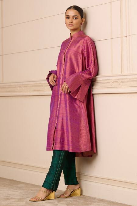 Buy Tarun Tahiliani Pink Silk Mandarin Collar Handwoven Striped Bell Sleeve Tunic Online at Aza Fashions Buy_Tarun Tahiliani_Pink Silk Mandarin Collar Handwoven Striped Bell Sleeve Tunic_Online_at_Aza_Fashions
