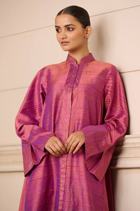Shop Tarun Tahiliani Pink Silk Mandarin Collar Handwoven Striped Bell Sleeve Tunic Online at Aza Fashions Shop_Tarun Tahiliani_Pink Silk Mandarin Collar Handwoven Striped Bell Sleeve Tunic_Online_at_Aza_Fashions