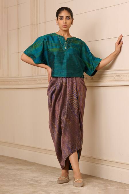 Tarun Tahiliani_Blue Denim Split V-neck Handwoven Striped Crop Top_Online_at_Aza_Fashions