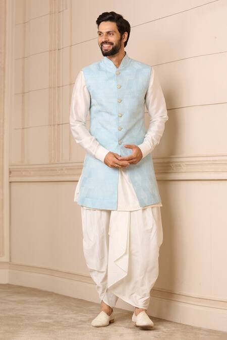 Tarun Tahiliani_Blue Raw Silk Geometric Textured Waistcoat _Online_at_Aza_Fashions
