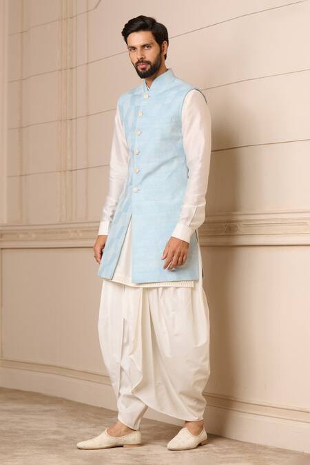 Buy_Tarun Tahiliani_Blue Raw Silk Geometric Textured Waistcoat _Online_at_Aza_Fashions