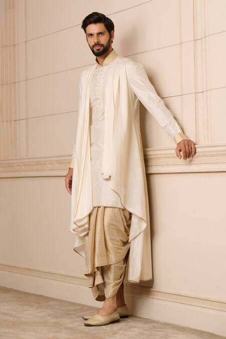 Tarun Tahiliani_Gold Modal, Brocade Draped Kurta Dhoti Pant Set_Online_at_Aza_Fashions