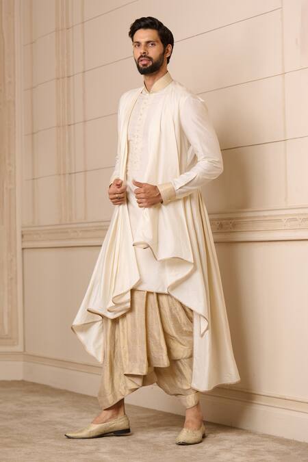 Buy_Tarun Tahiliani_Gold Modal, Brocade Draped Kurta Dhoti Pant Set_Online_at_Aza_Fashions