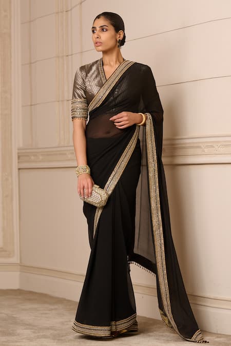 Tarun Tahiliani_Black Chiffon, Brocade Tassels, Embroidery Hand Saree _Online_at_Aza_Fashions