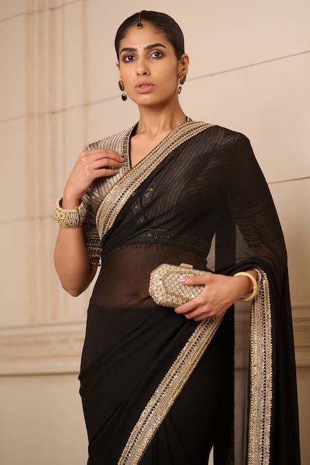 Buy_Tarun Tahiliani_Black Chiffon, Brocade Tassels, Embroidery Hand Saree _Online_at_Aza_Fashions